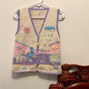 Vintage Handmade Knit Pastel Animal Embroidered Kid’s Spring Vest
